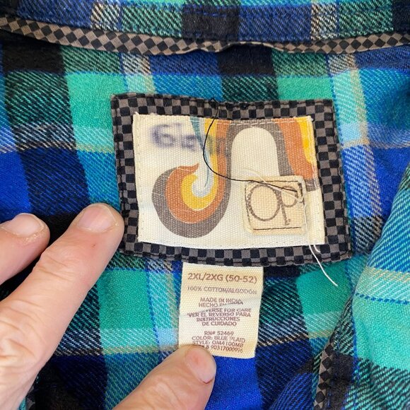 Vintage OP Ocean Pacific Mens Button Down Shirt 2XL Blue Green Plaid Flannel - Picture 5 of 10